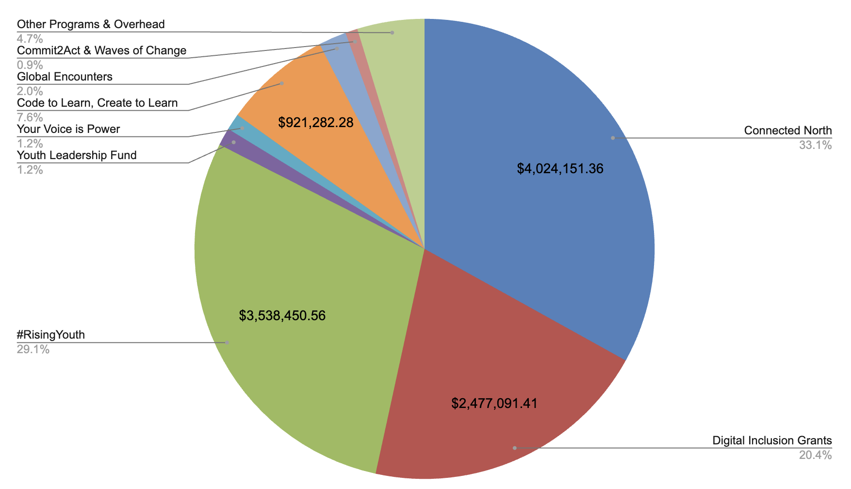 A chart outlining expenses by TakingITGlobal program areas